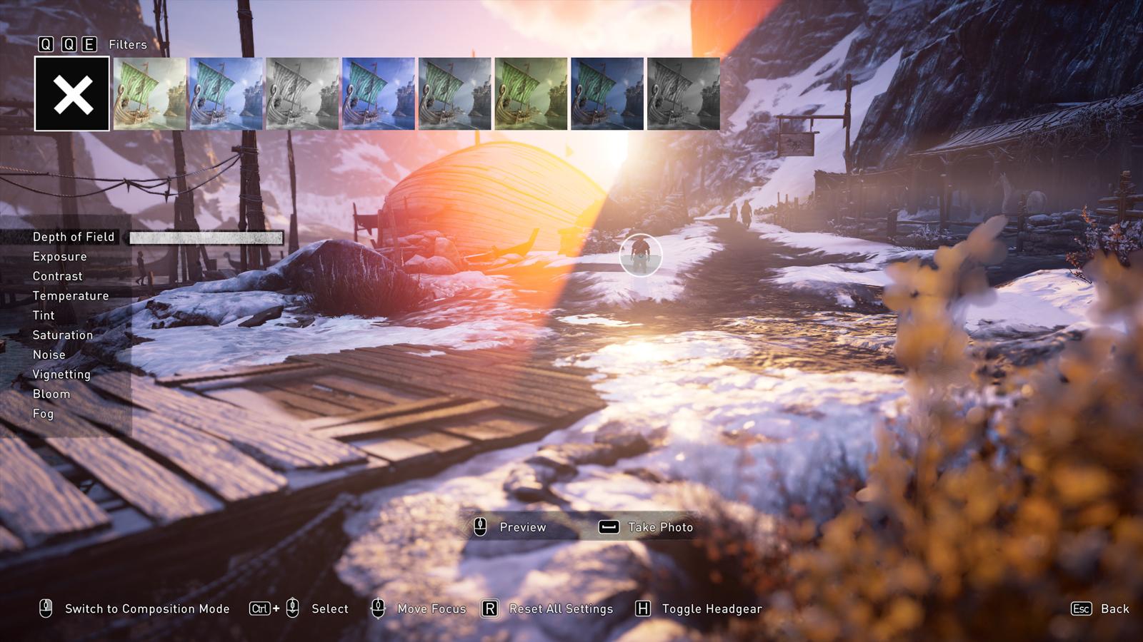 Edit mode of Valhalla's photo mode, showing how different filters and options.