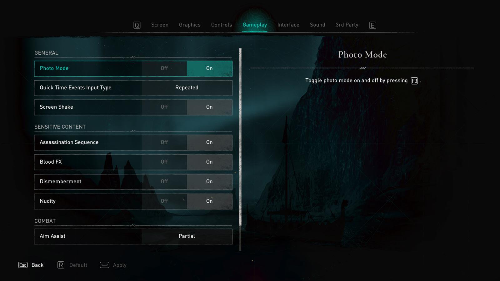 Photo showing the Assassin's Creed Valhalla options menu, where players can turn on photo mode.