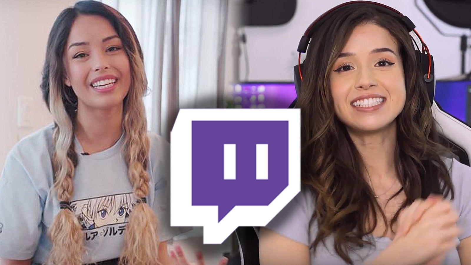 Pokimane and Valkyrae smile for a photo with the Twitch logo shown in front of them.