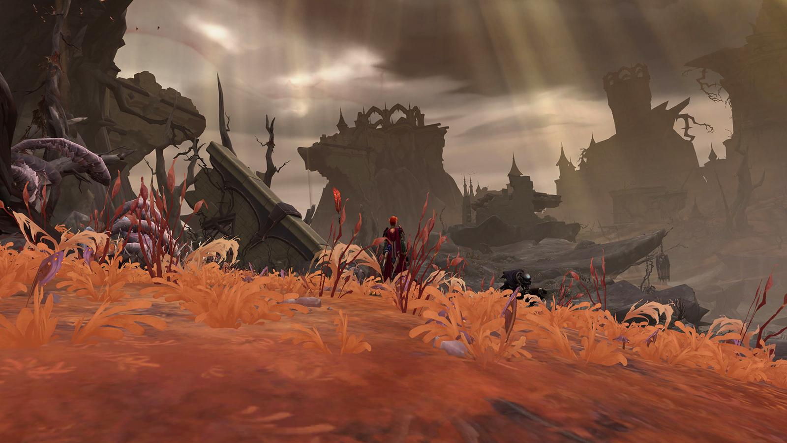 Revendreth in WoW Shadowlands, with craggy cliffs and dried grass