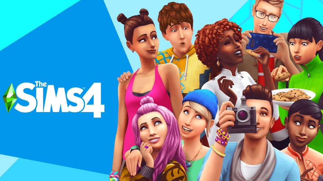 The Sims 4 updated key art on a blue background with the logo