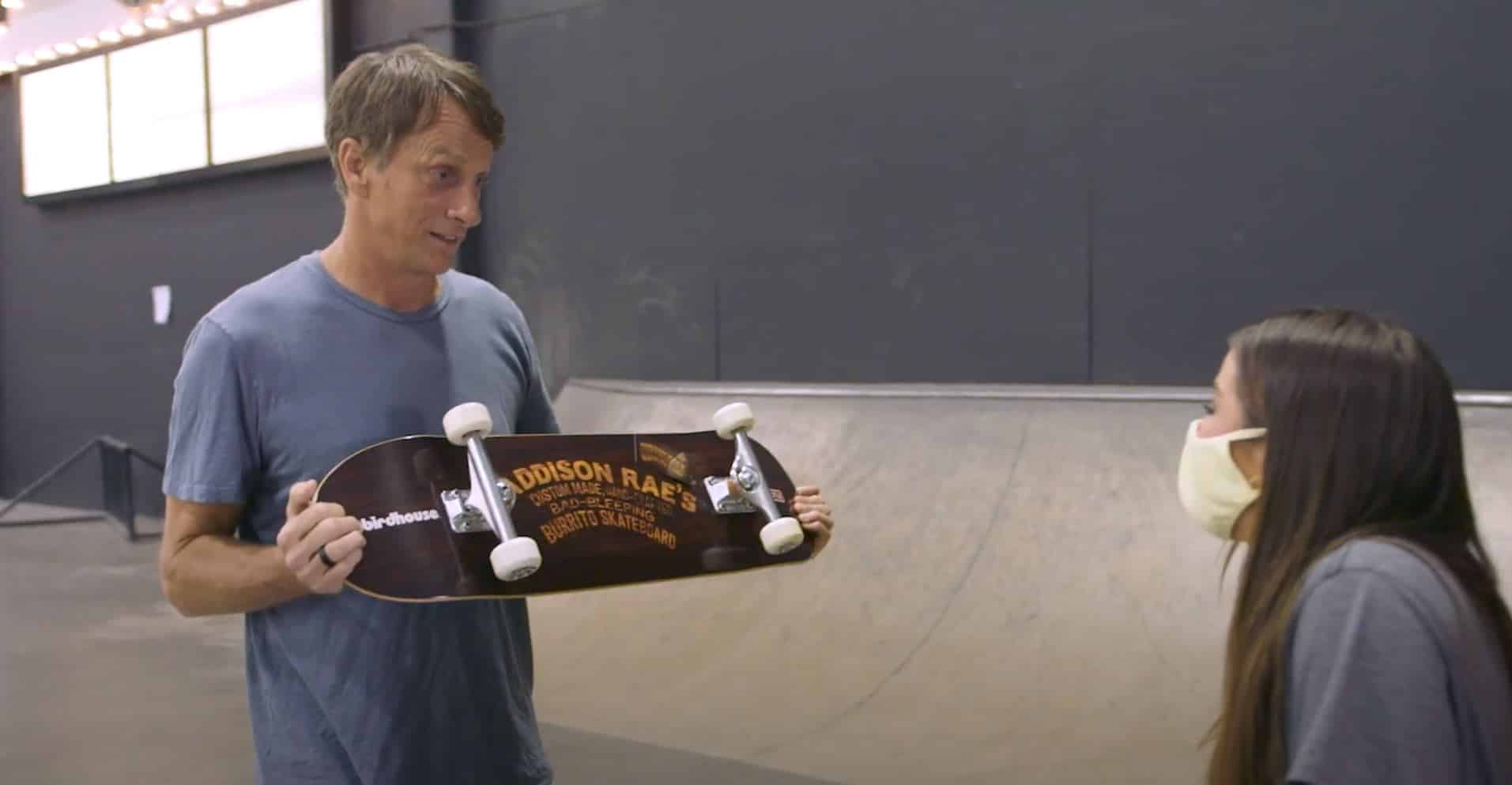 Tony Hawk gifts Addison Rae with a custom Chipotle skateboard.