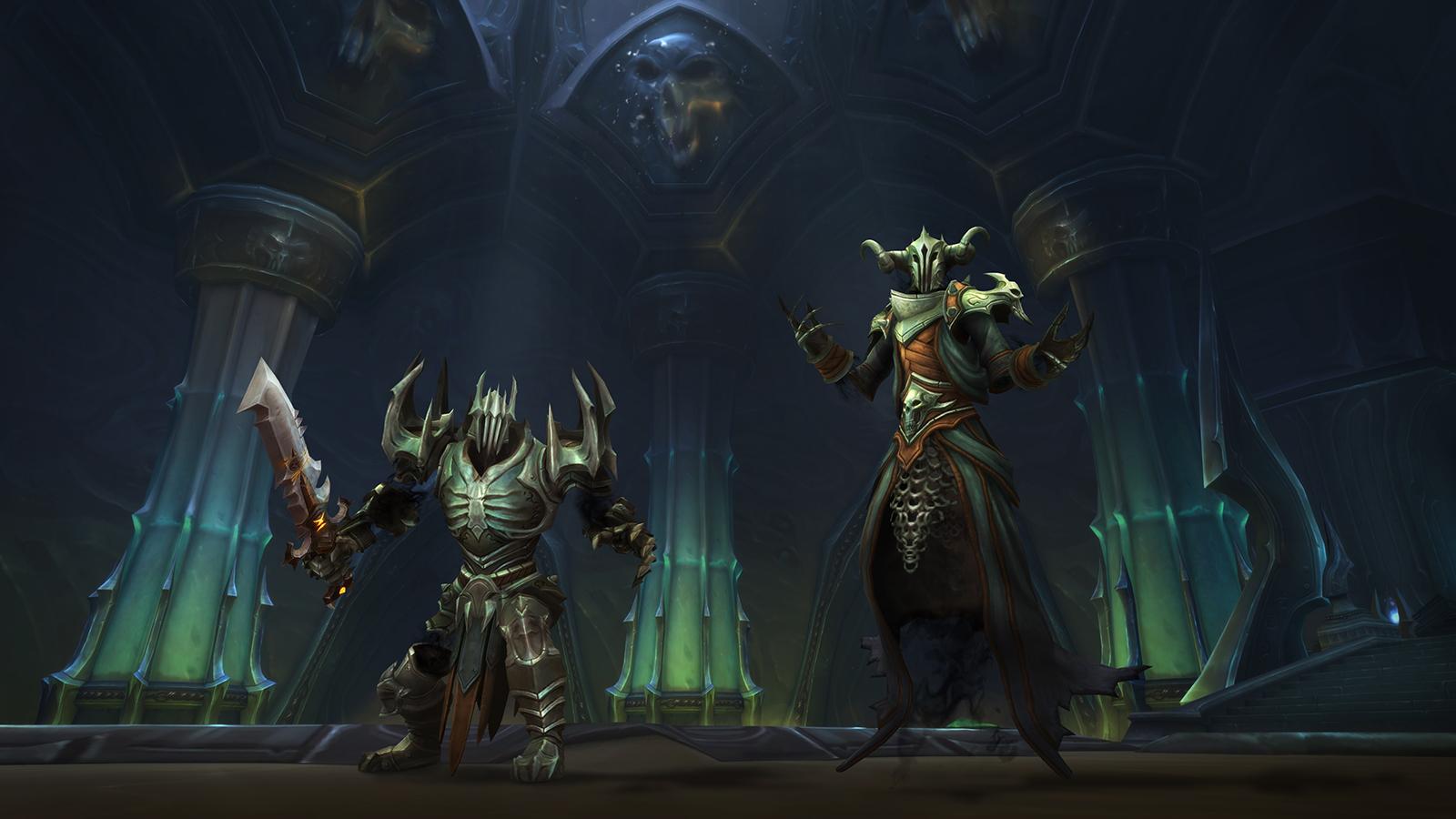 A picture of Torghast, Tower of the Damned in Shadowlands, featuring two characters