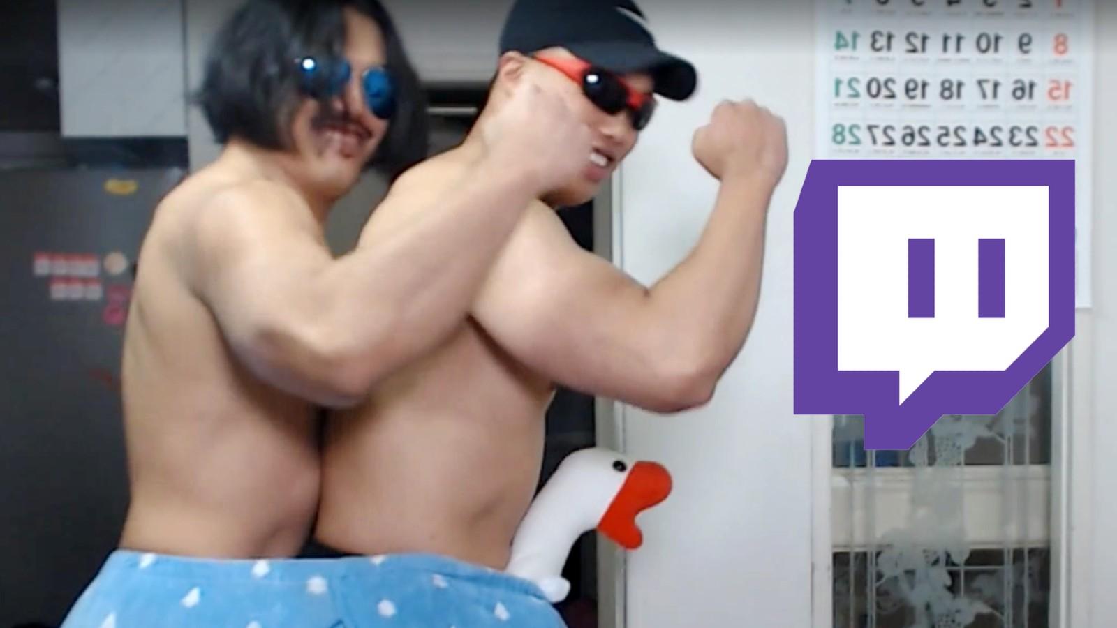 Twitch streamers dance together with a stuffed goose, alongside the Twitch logo
