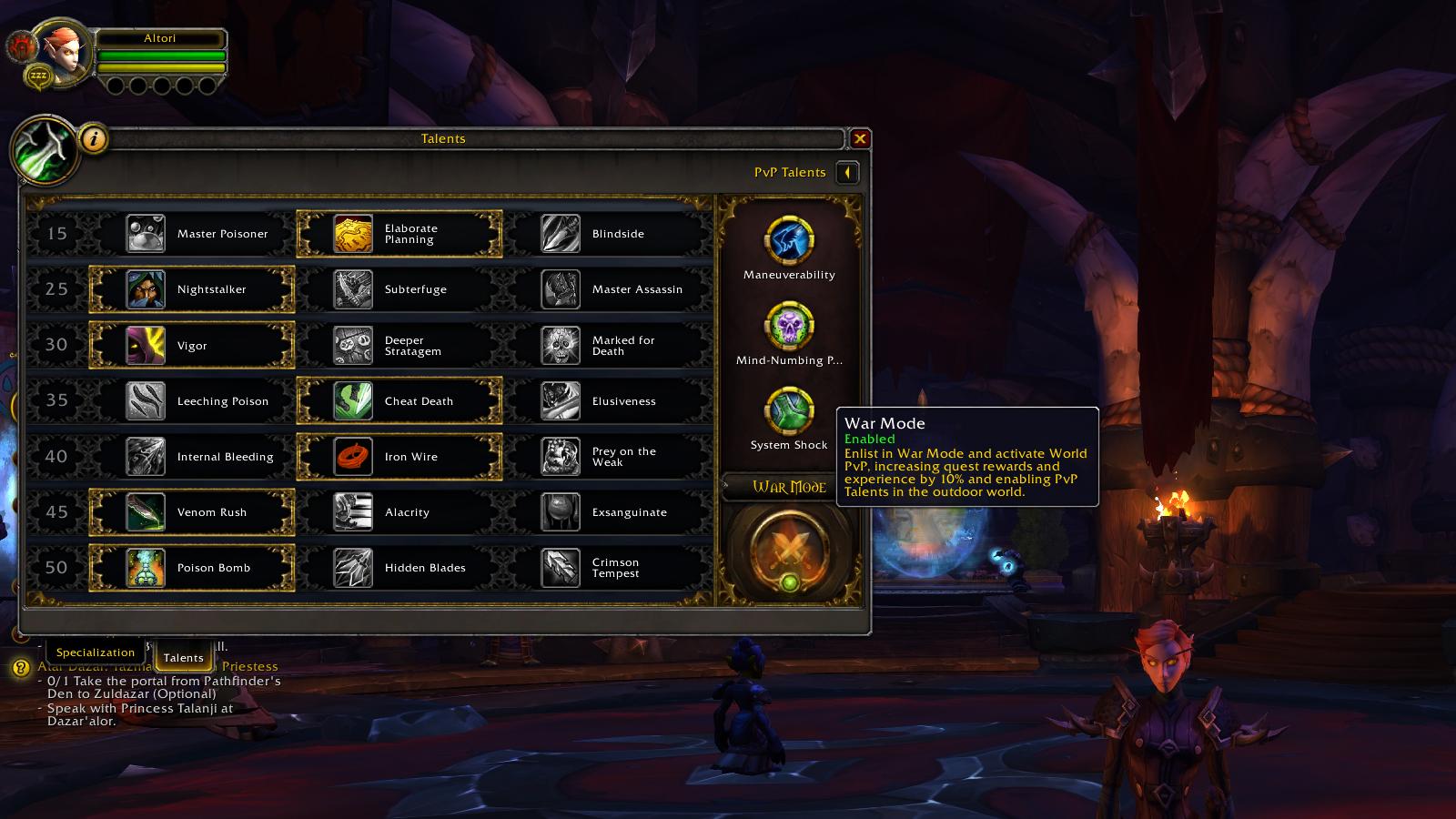 An image showing War Mode in World of Warcraft in the Talents panel
