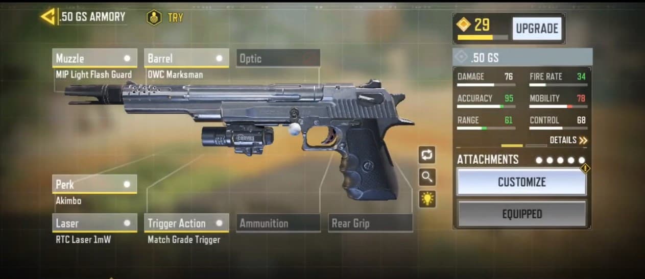 Screenshot from Call of Duty Mobile's gunsmith for the 50 GS pistol