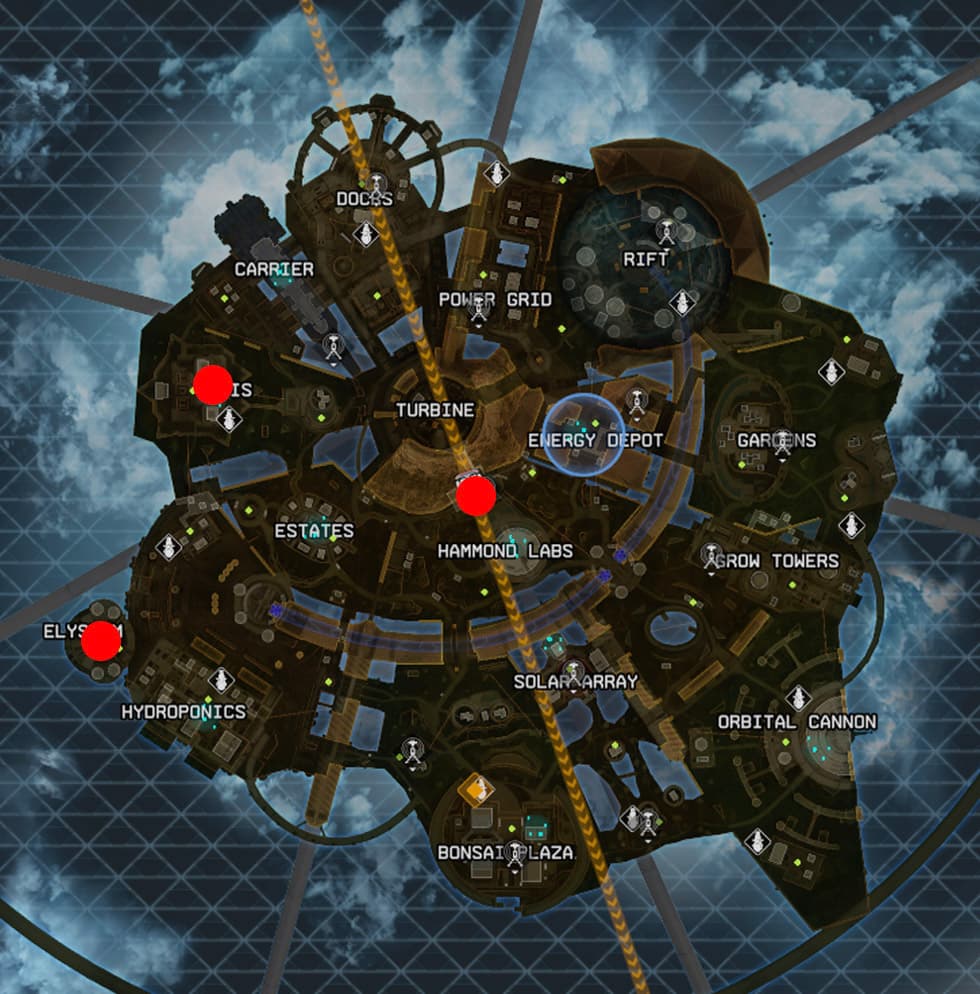 Map of the guranteed gold loot spots in Apex Legends Olympus map.