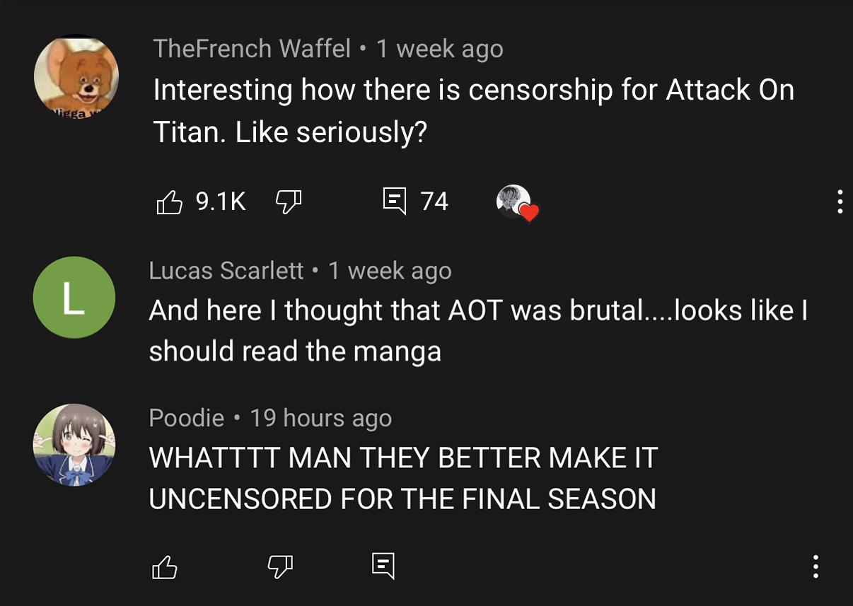 Screenshot of Attack on Titan fans reacting to the YouTube video.
