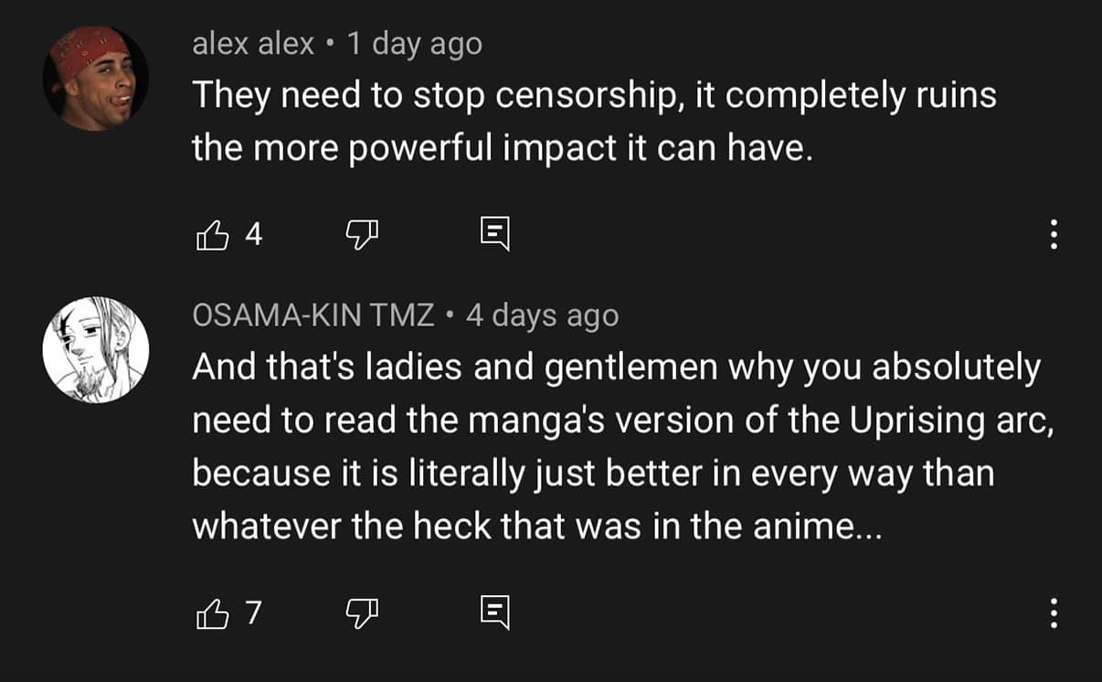 Screenshot of YouTube comments reacting to Attack on Titan anime censorship. 