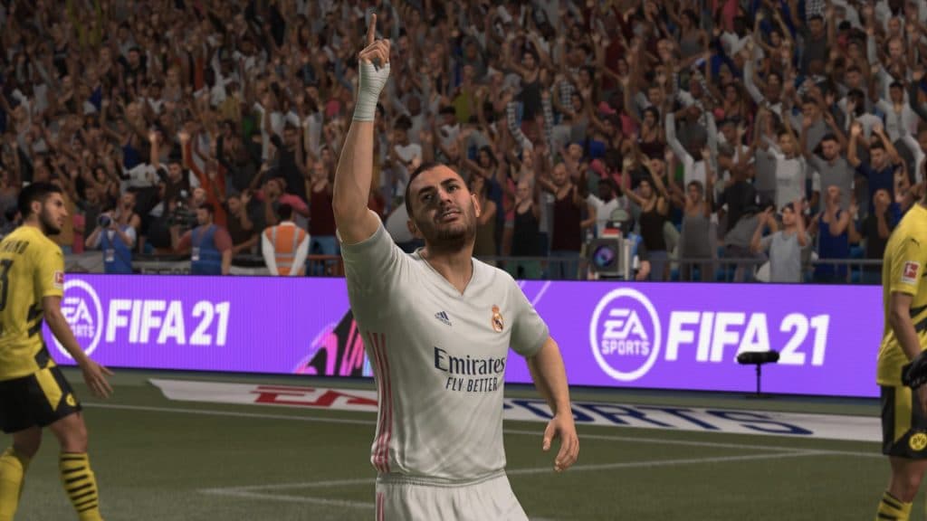 Karim Benzema points to sky in FIFA 21 Ultimate Team match.