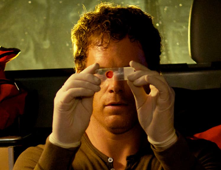 Dexter examines a blood slide