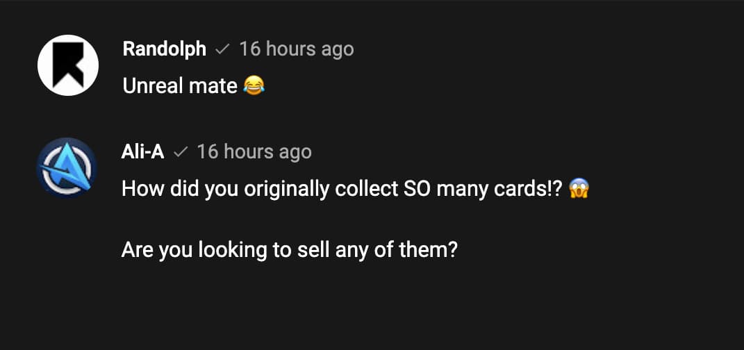 Screenshot of YouTube comments reacting to million dollar Pokemon card collection.