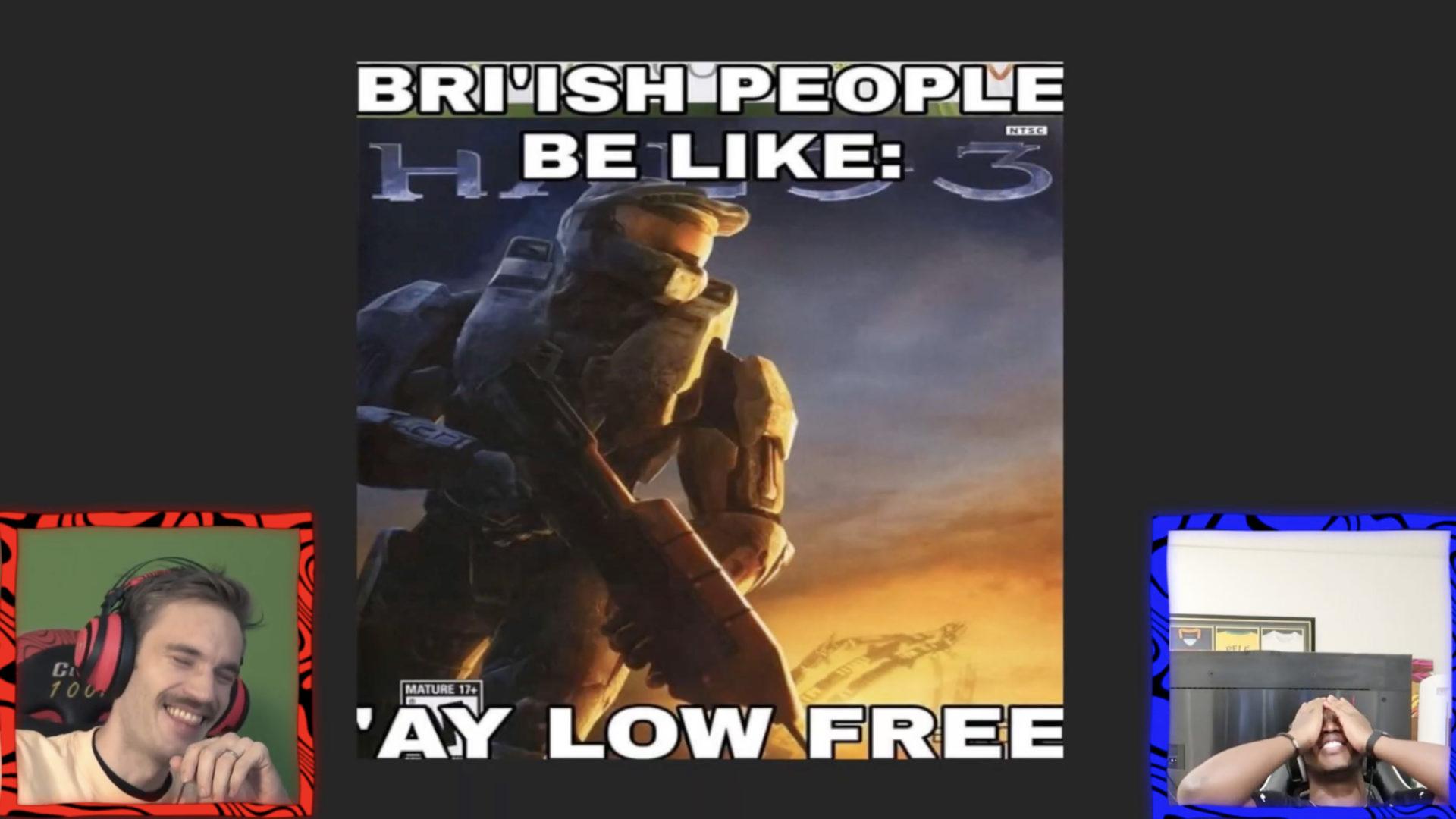 YouTuber's PewDiePie and KSI laugh at Halo 3 meme.