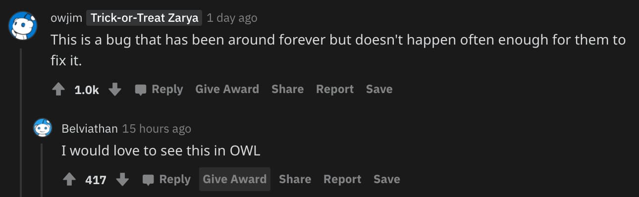Screenshot of a Reddit comment from the Overwatch subreddit