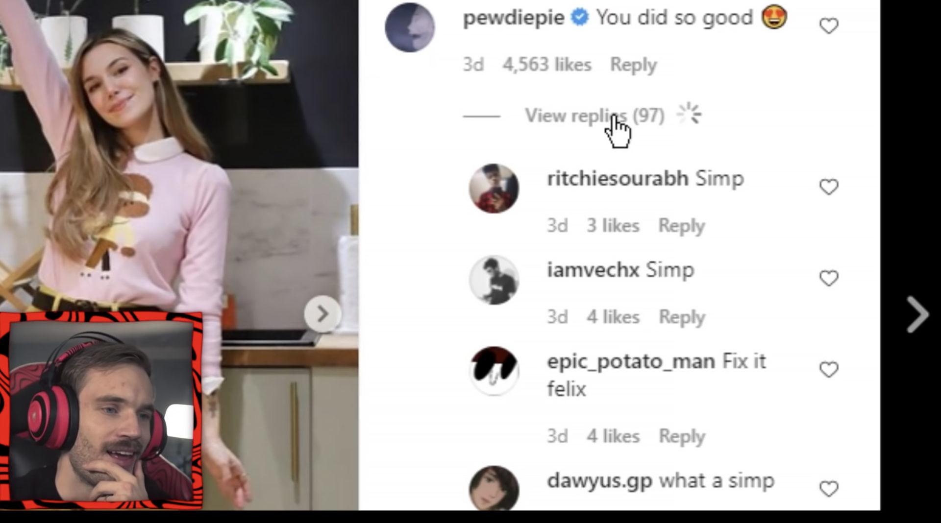 Screenshot of YouTuber PewDiePie reacting to Instagram comments.