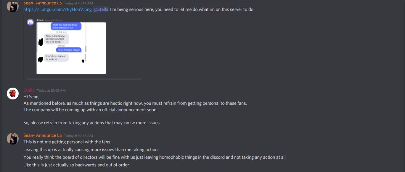 Sean, a moderator of the server, being stoppoed from taking down the abusive messages
