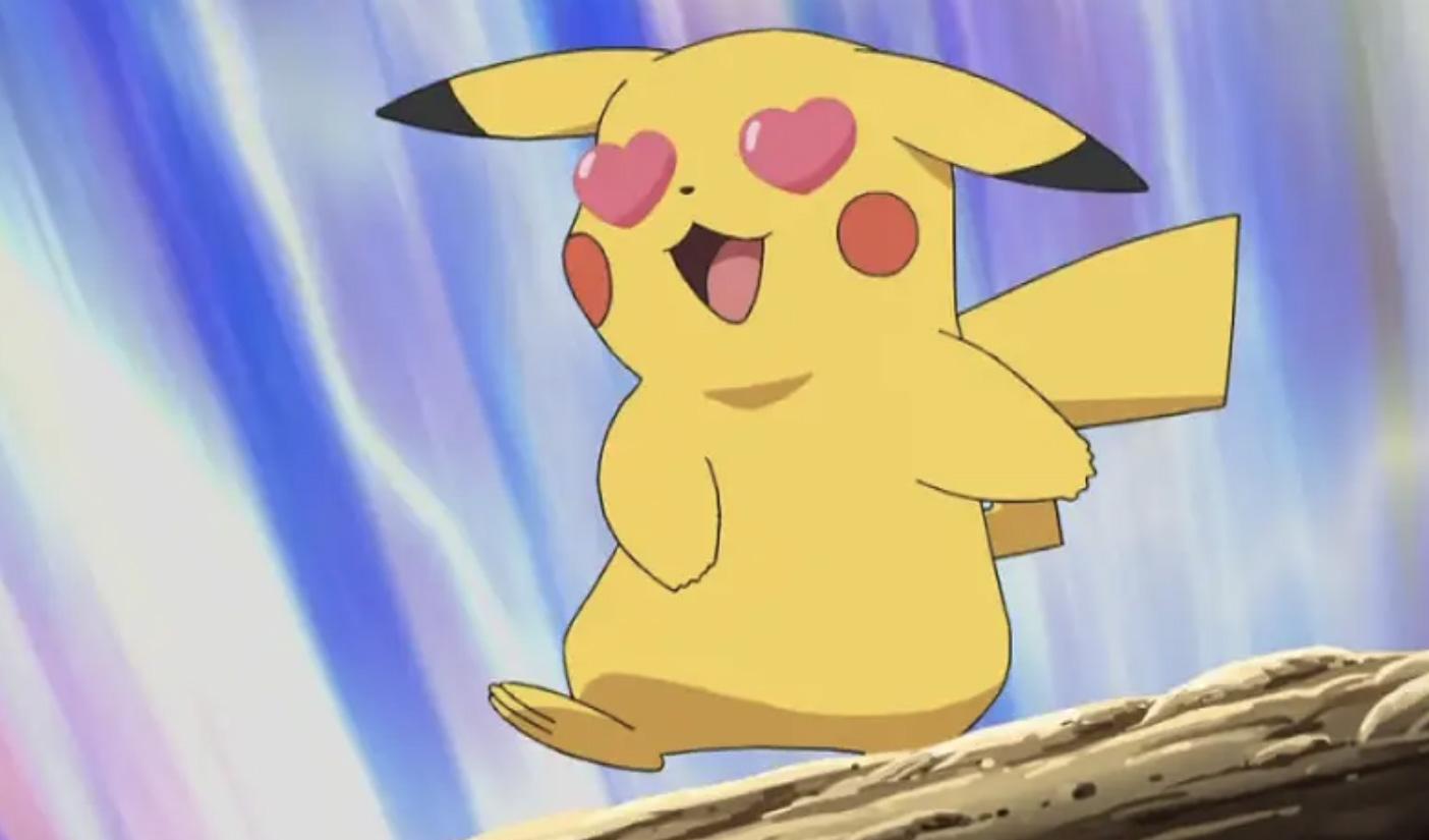 Pokemon anime screenshot of Pikachu with heart eyes.