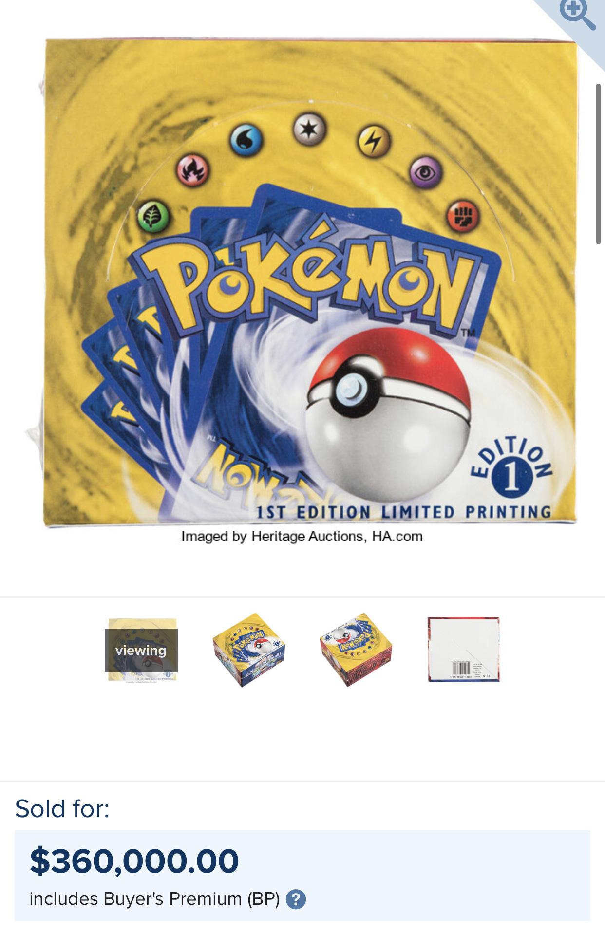 Screenshot of Pokemon card boost box selling at auction for $360k.