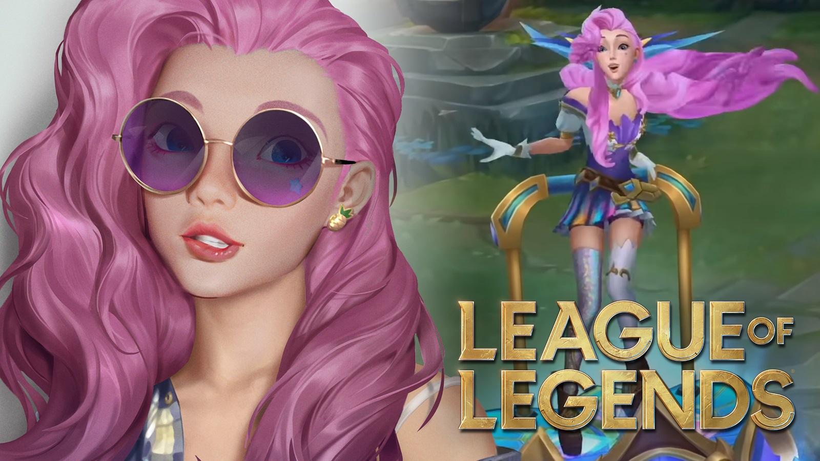Seraphine selfie in front of in-game League of Legends model.