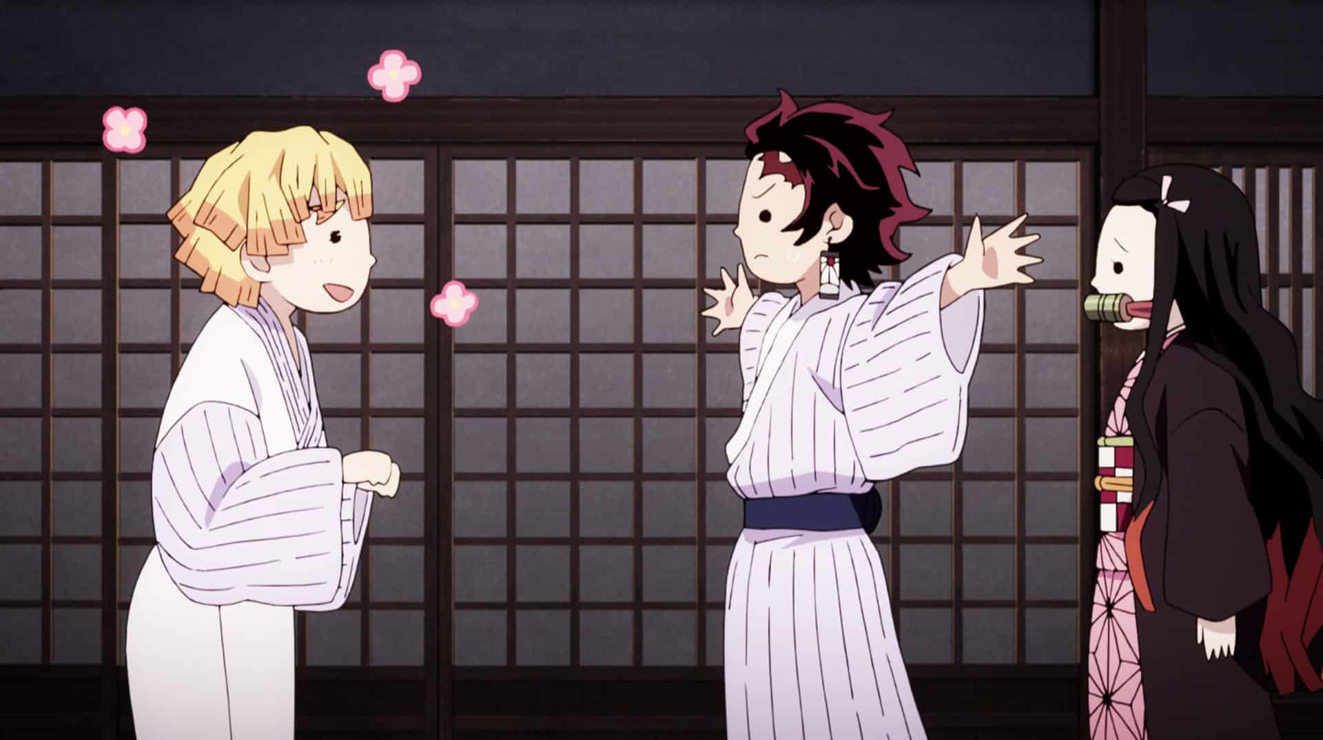 Screenshot of Tanjiro protecting Nezuko in Demon Slayer Anime.