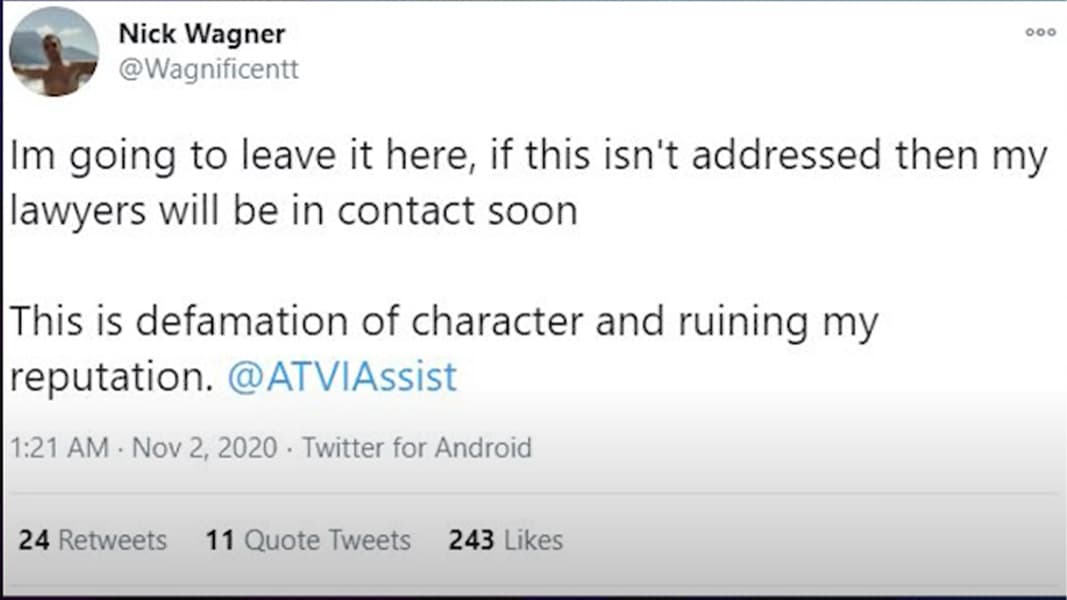 Screenshot of Wagnificent's deleted tweet about legal action