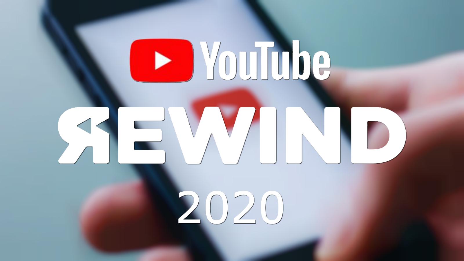 The YouTube Rewind logo is shown above a photo of the YouTube logo on a smart phone.