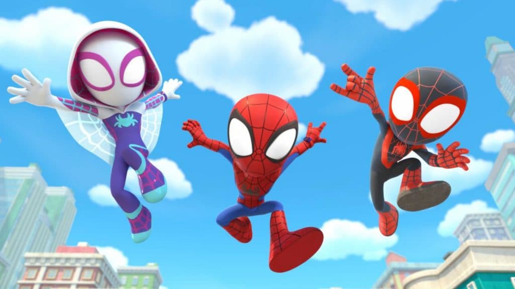 Ghost Spider, Spidey, and Miles Morales from Spidey and His Amazing Friends