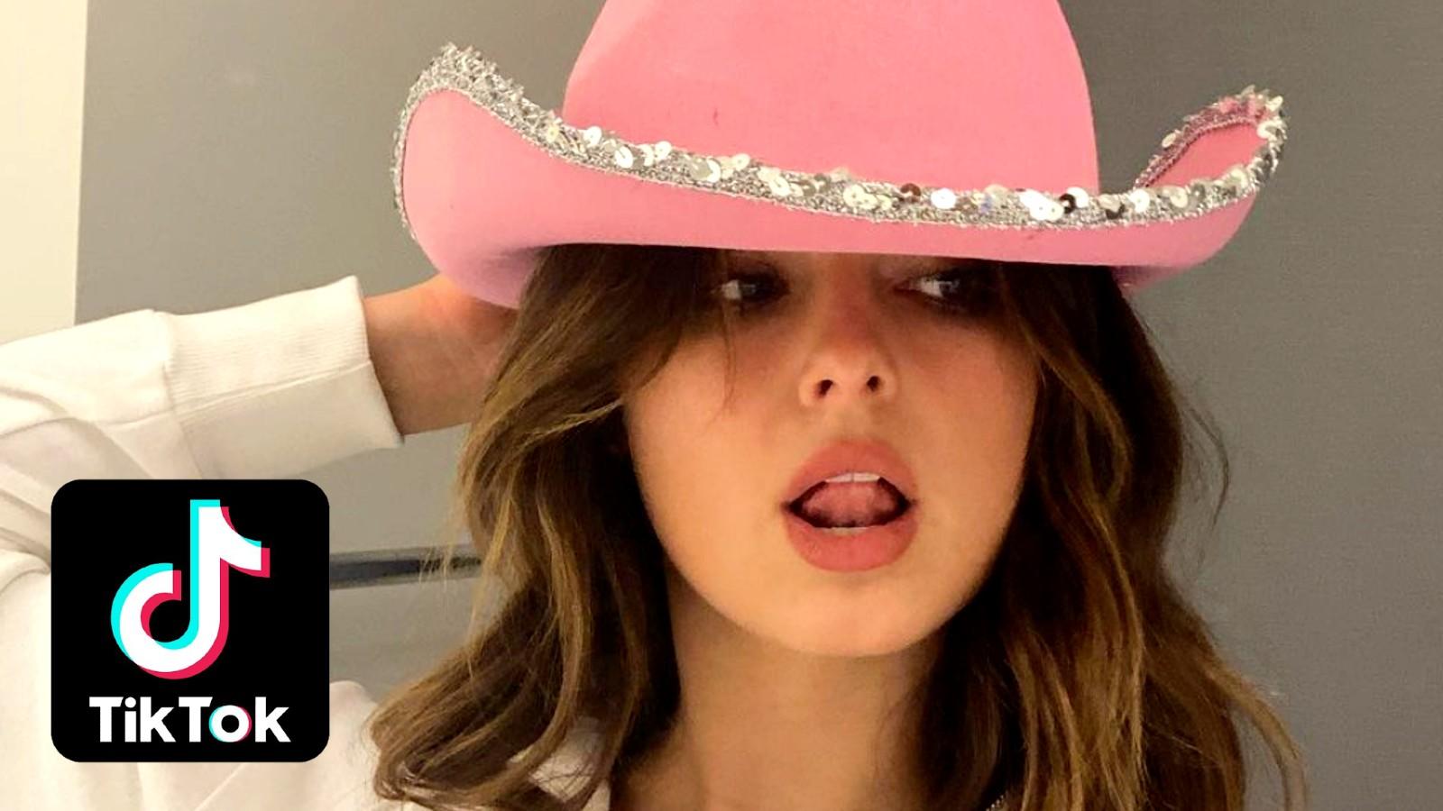 Addison Rae in a pink hat next to the TikTok logo