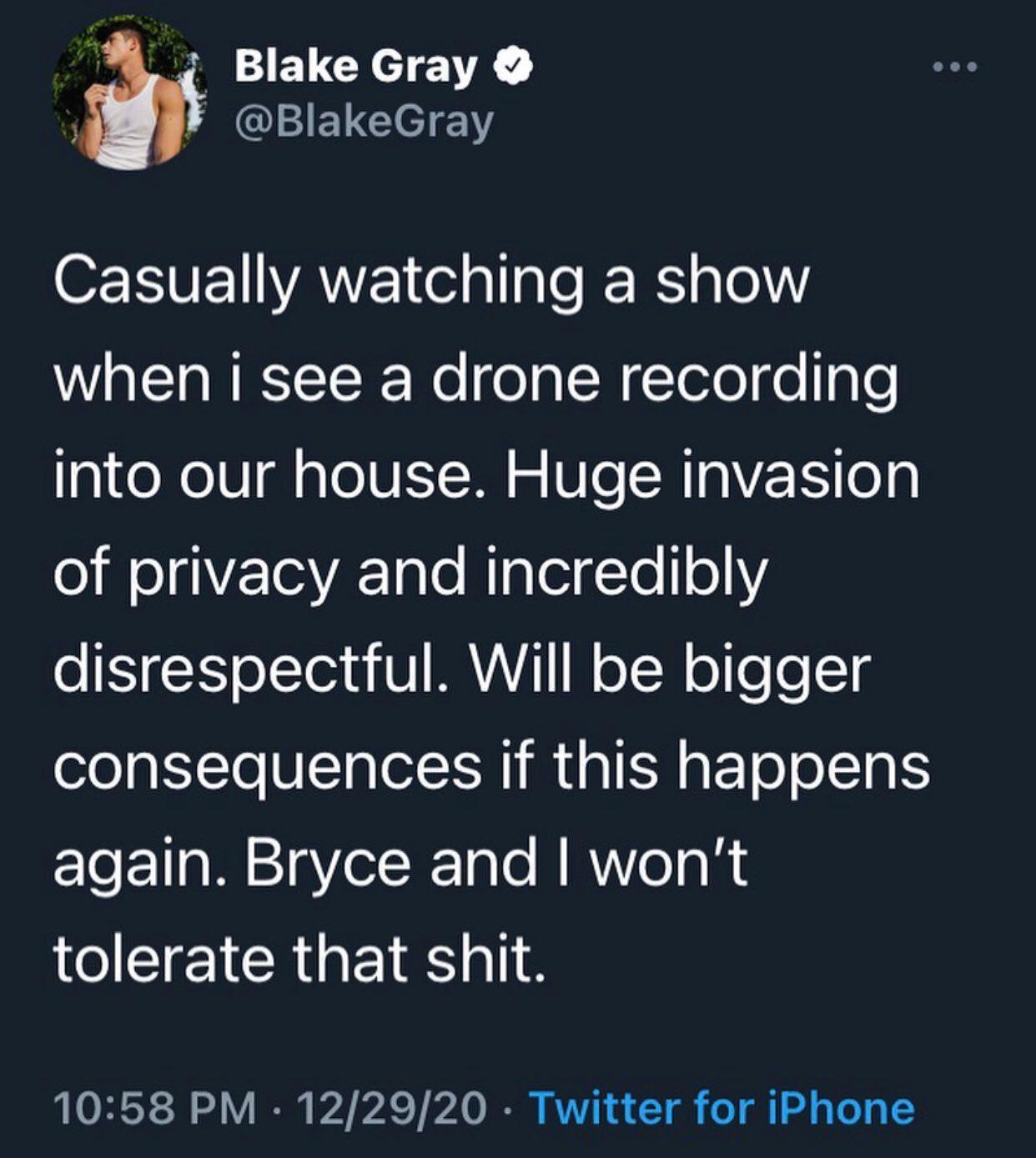 Blake Gray reveals drone was recording the sway house.