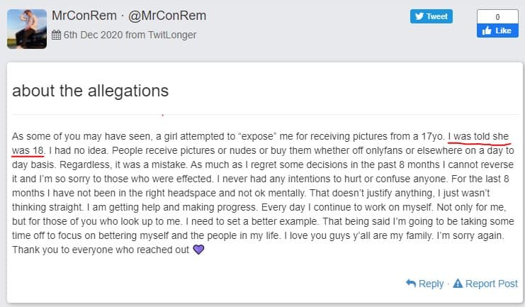 ConRem Twitlonger apology post.