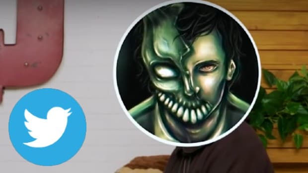Corpse Husband's logo in a circle over his face, by the Twitter logo