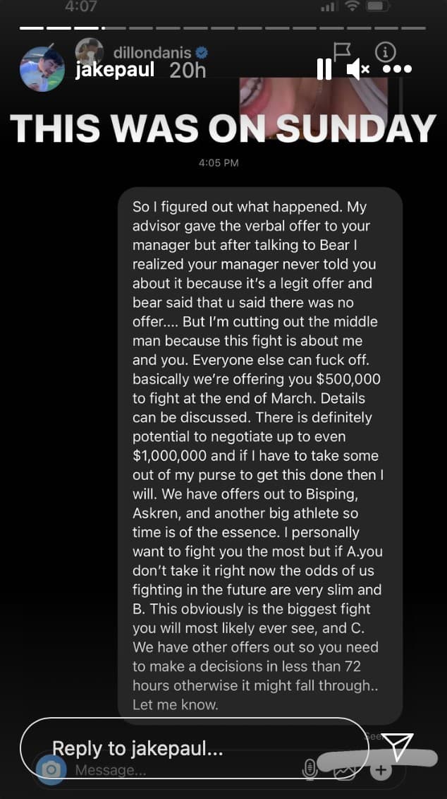 Jake Paul reveals message on Instagram story between him and Dillon Danis