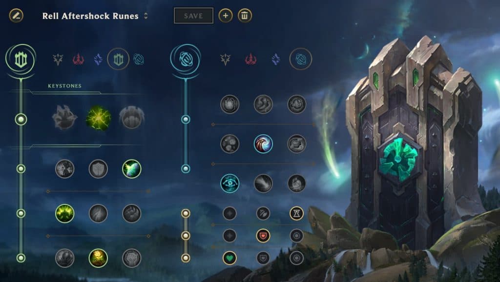 Aftershock rune page for Rell in League of Legends