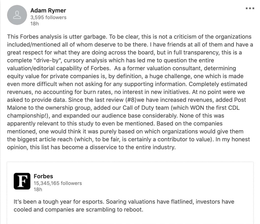 Adam Rymer response on LinkedIn