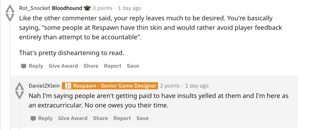 Daniel Klein's comments on Reddit over Respawn abuse