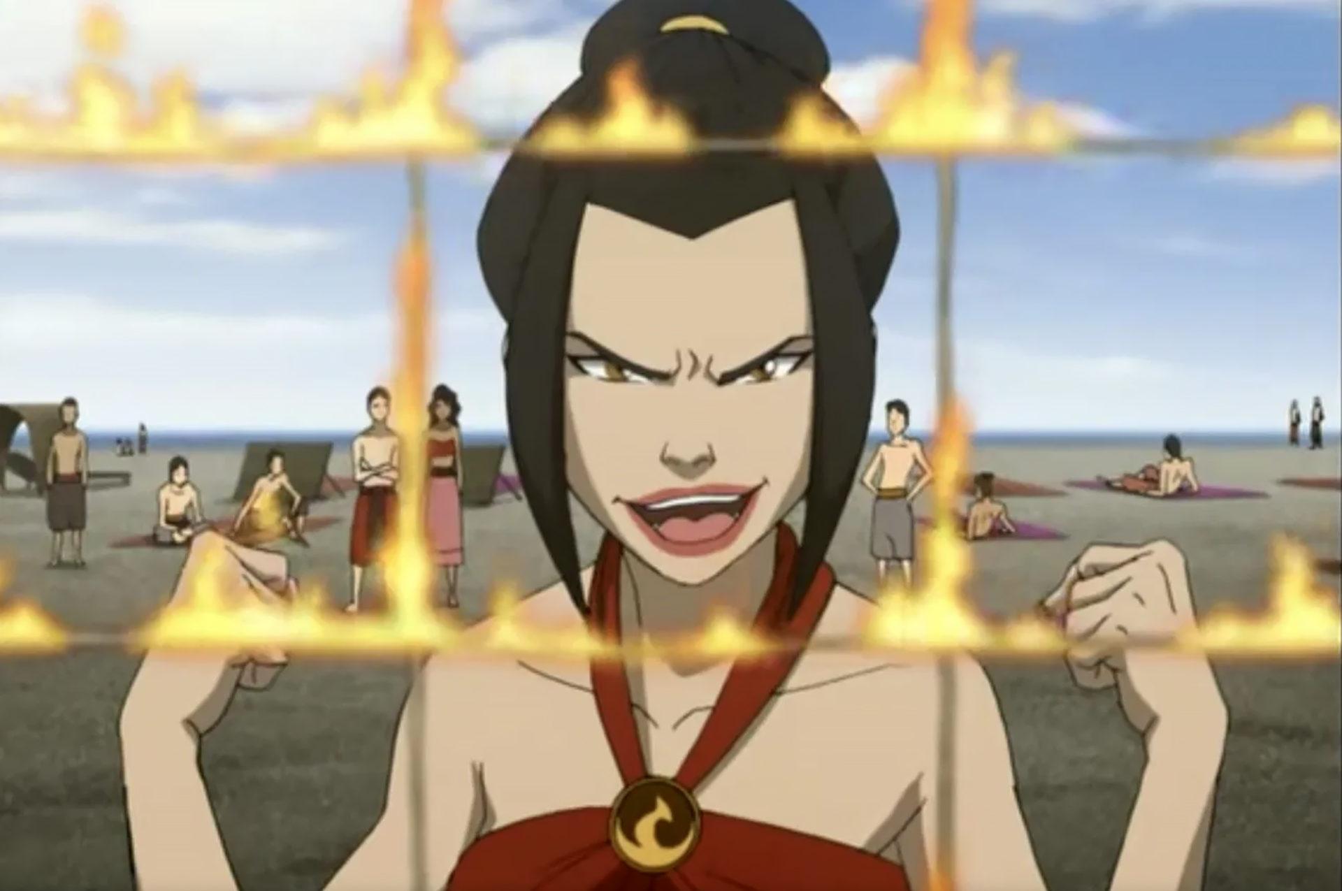 Screenshot of Avatar: The Last Airbender villain Azula burning volleyball net in Season 3.