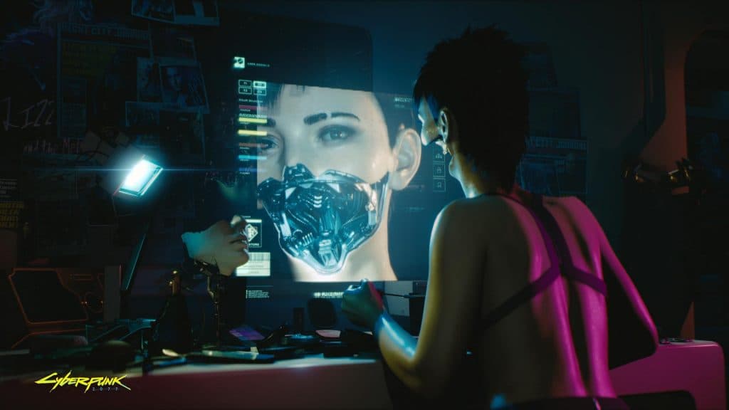 girl looks at pc monitor in cyberpunk