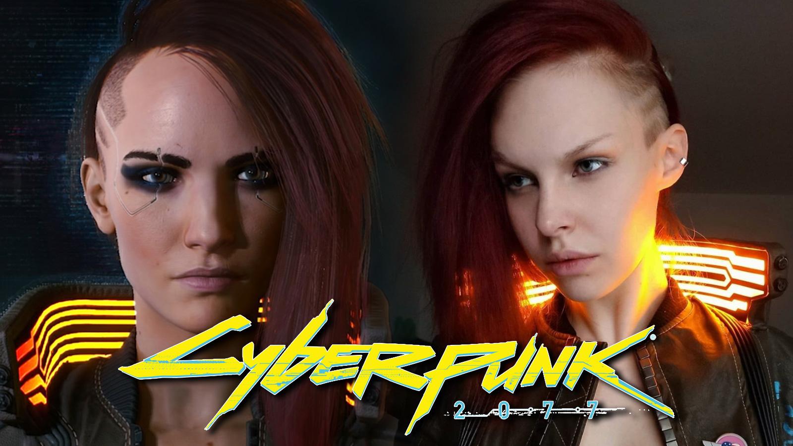 Screenshot of Cyberpunk 2077 female V next to cosplayer.