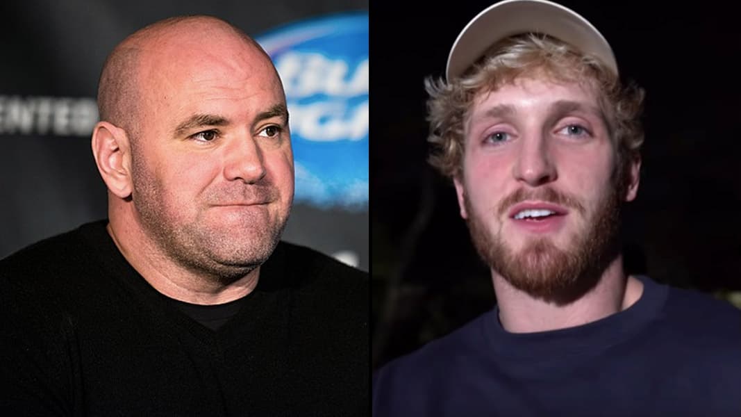Dana White at a UFC press conference and Logan Paul taking a selfie