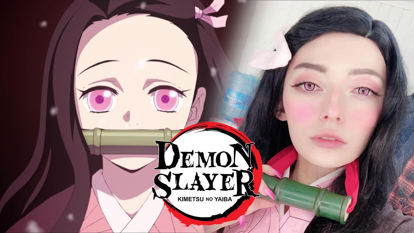 Screenshot of Demon Slayer protagonist Nezuko Kamado next to cosplayer.