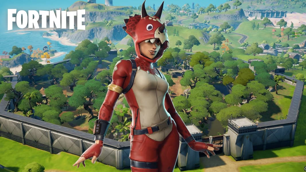 Fortnite Dino Guard skin on the top of Stealthy Stronghold