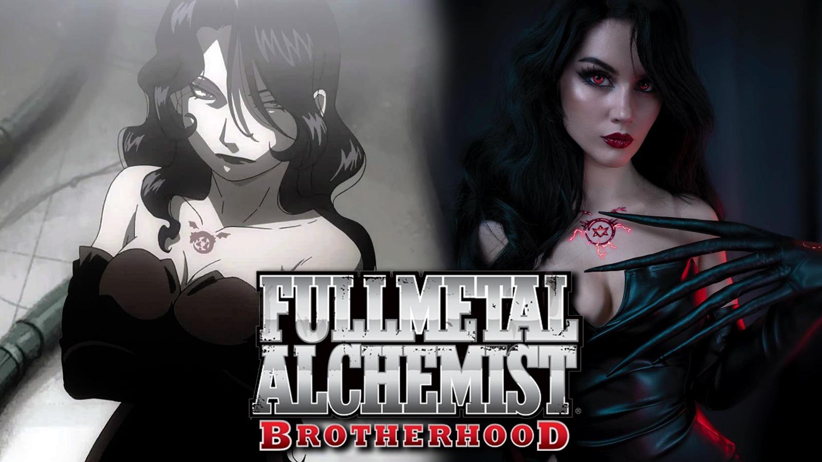 Screenshot of Lust from Fullmetal Alchemist: Brotherhood anime next to cosplayer.