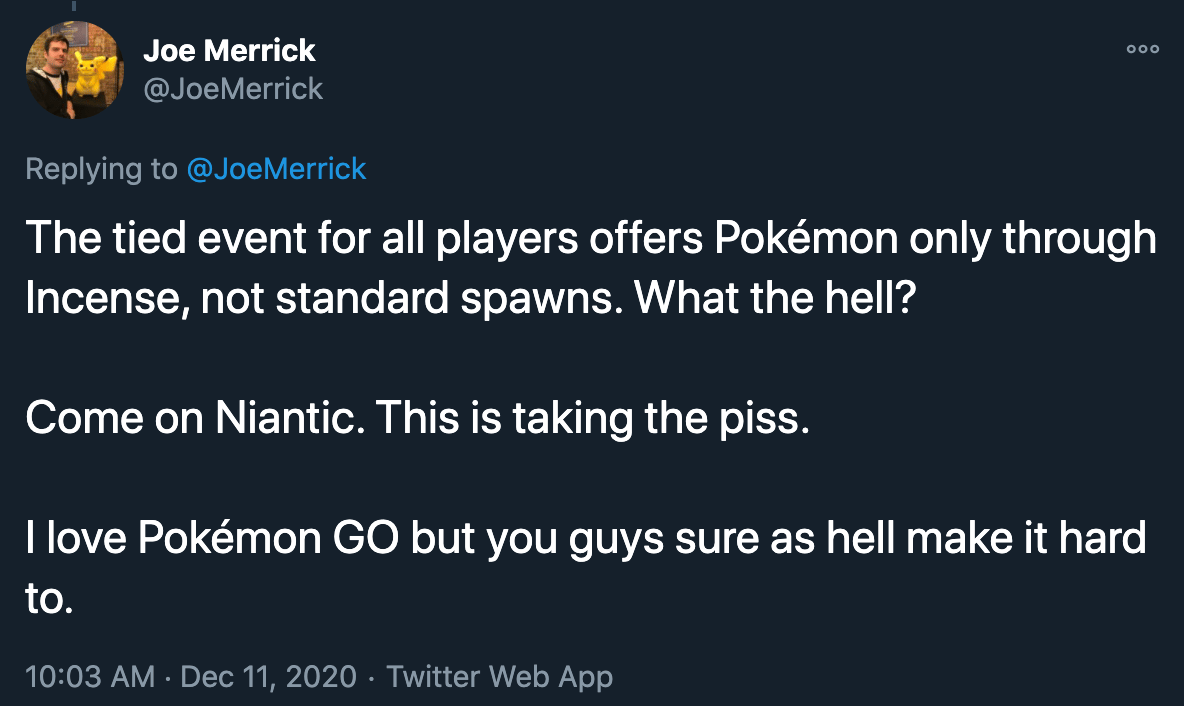 Screenshot of Joe Merrick tweet about Pokemon Go December 2020 event.