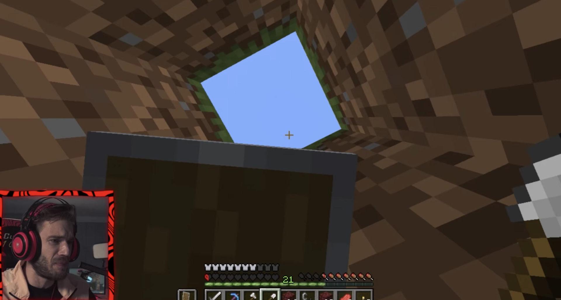 Screenshot of PewDiePie narrowly escaping death in Minecraft.