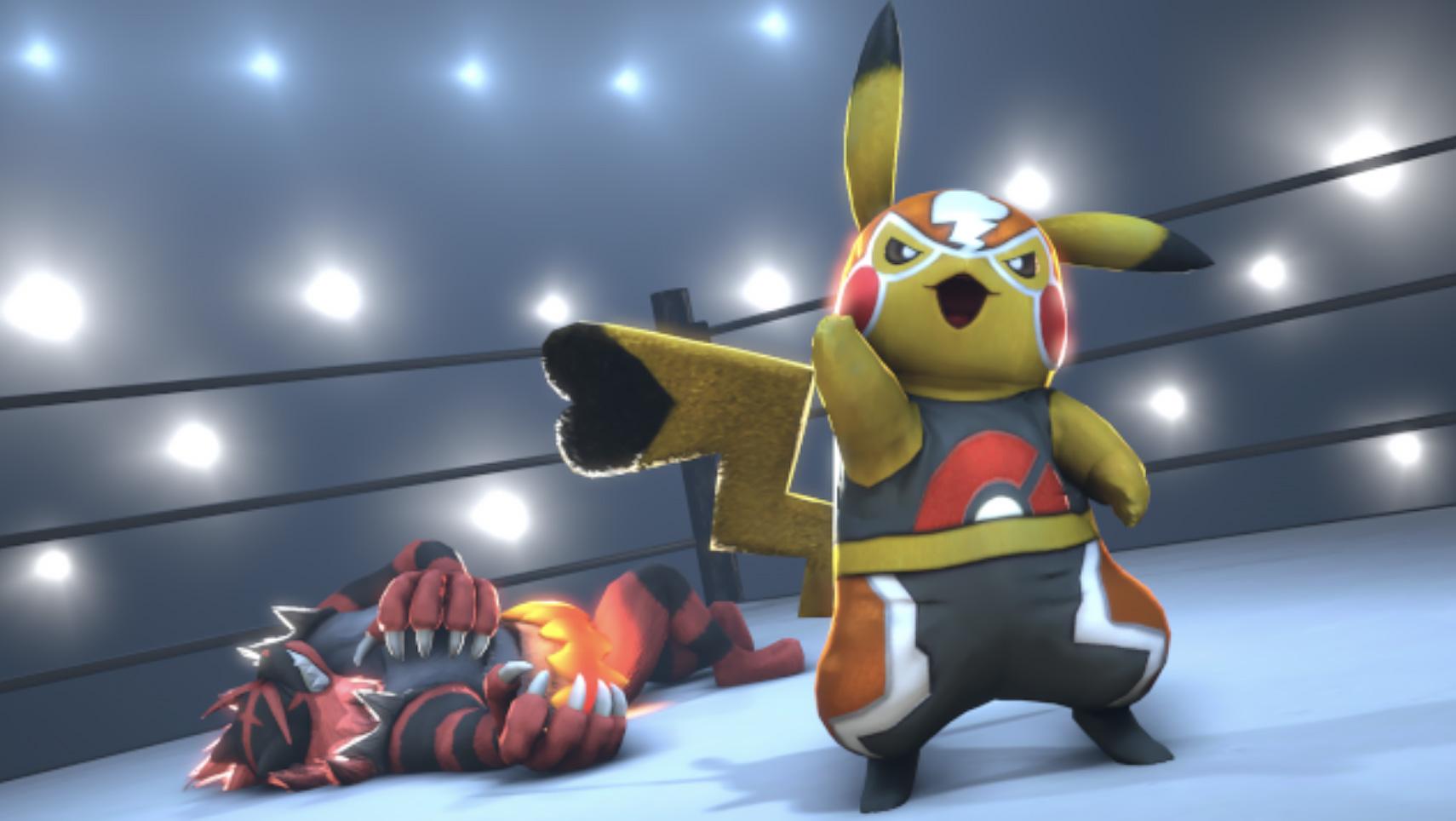 Screenshot of Pikachu Libre from Pokken Tournament.
