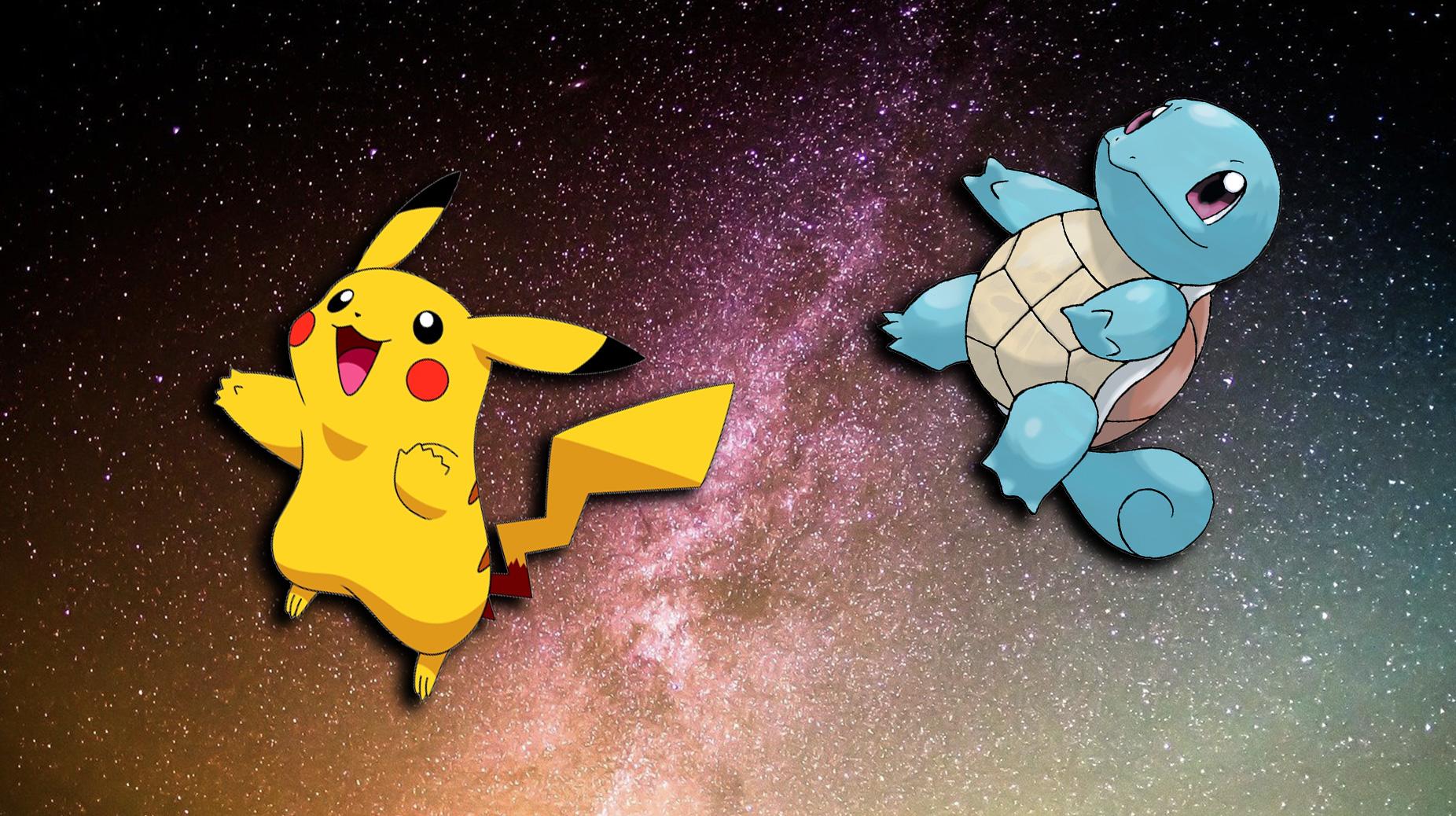 Screenshot of Pokemon Pikachu and Squritle flying in space.