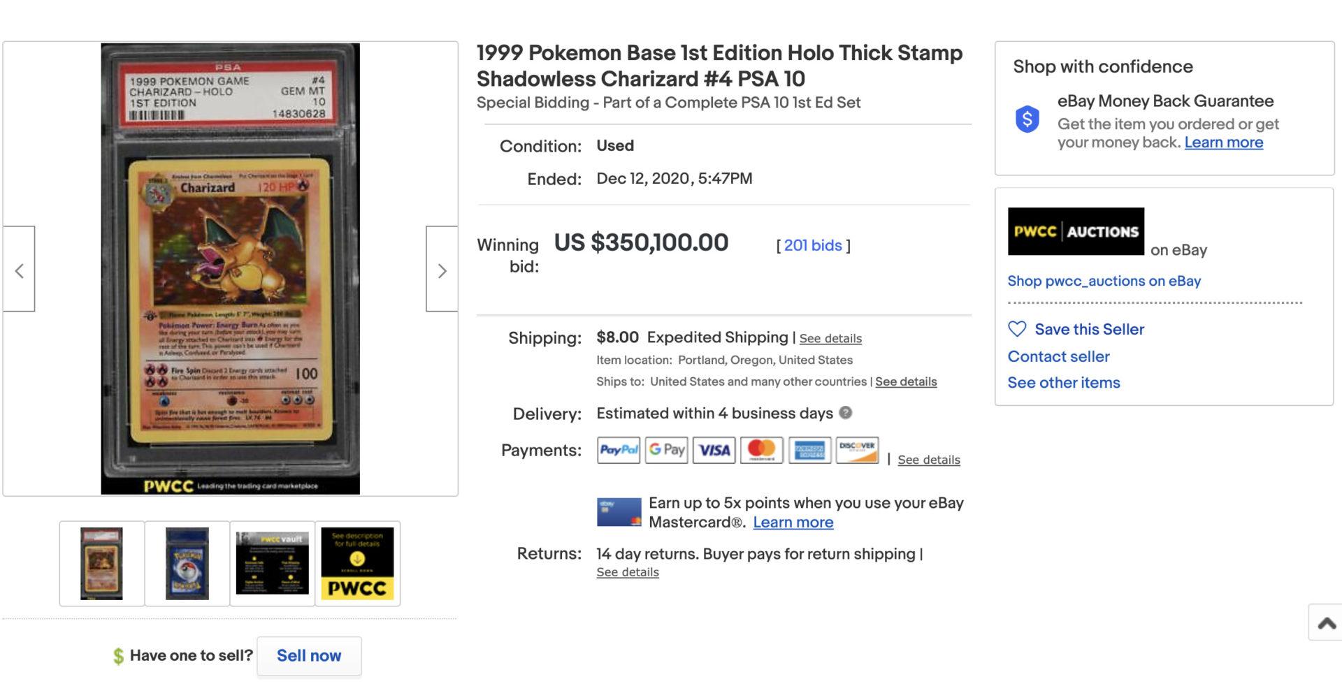 Screenshot of rare Charizard Pokemon card selling for $350k at auction.