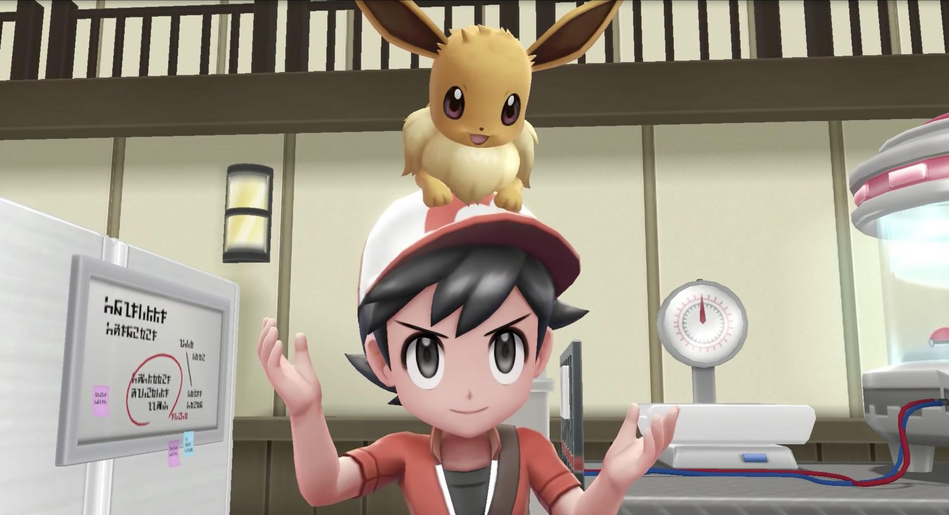 Screenshot of Pokemon Let's Go protagonist with Eevee.
