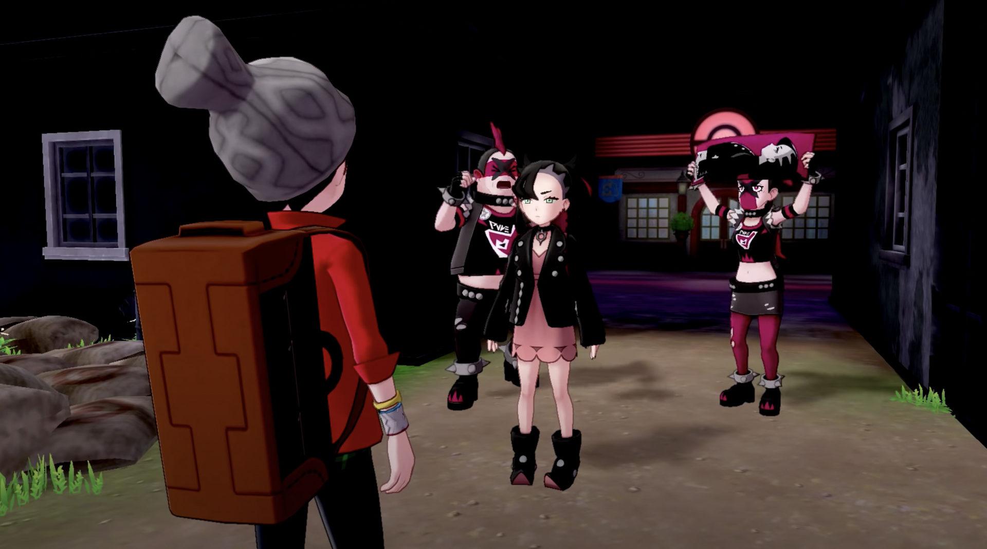 Screenshot from Pokemon Sword & Shield of trainer Marnie and Team Yell.