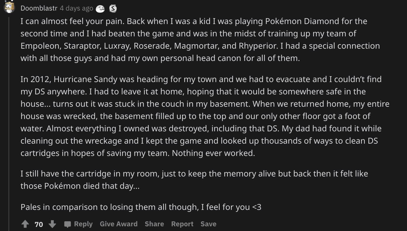 Screenshot of Reddit user explaining how they lost Pokemon save to hurricane.